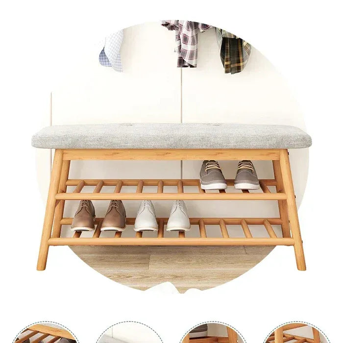 Bamboo Shoe Rack Bench With Cushioned Seat