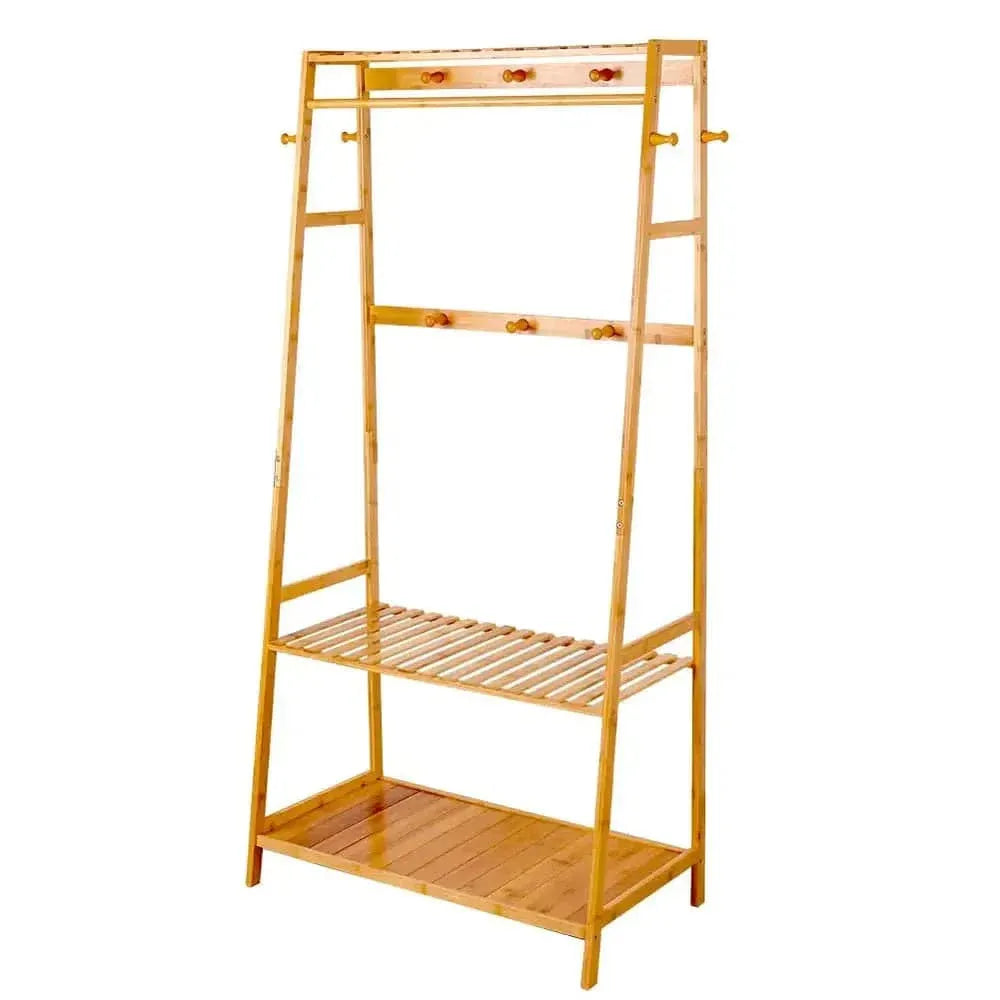 Multi Functional Bamboo Clothes Rack With Shelves And Hooks