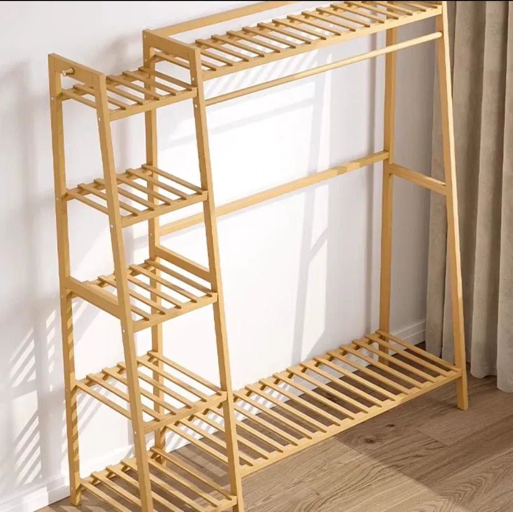 Multi Functional Bamboo Clothes Rack With Shelves And Hanging Space