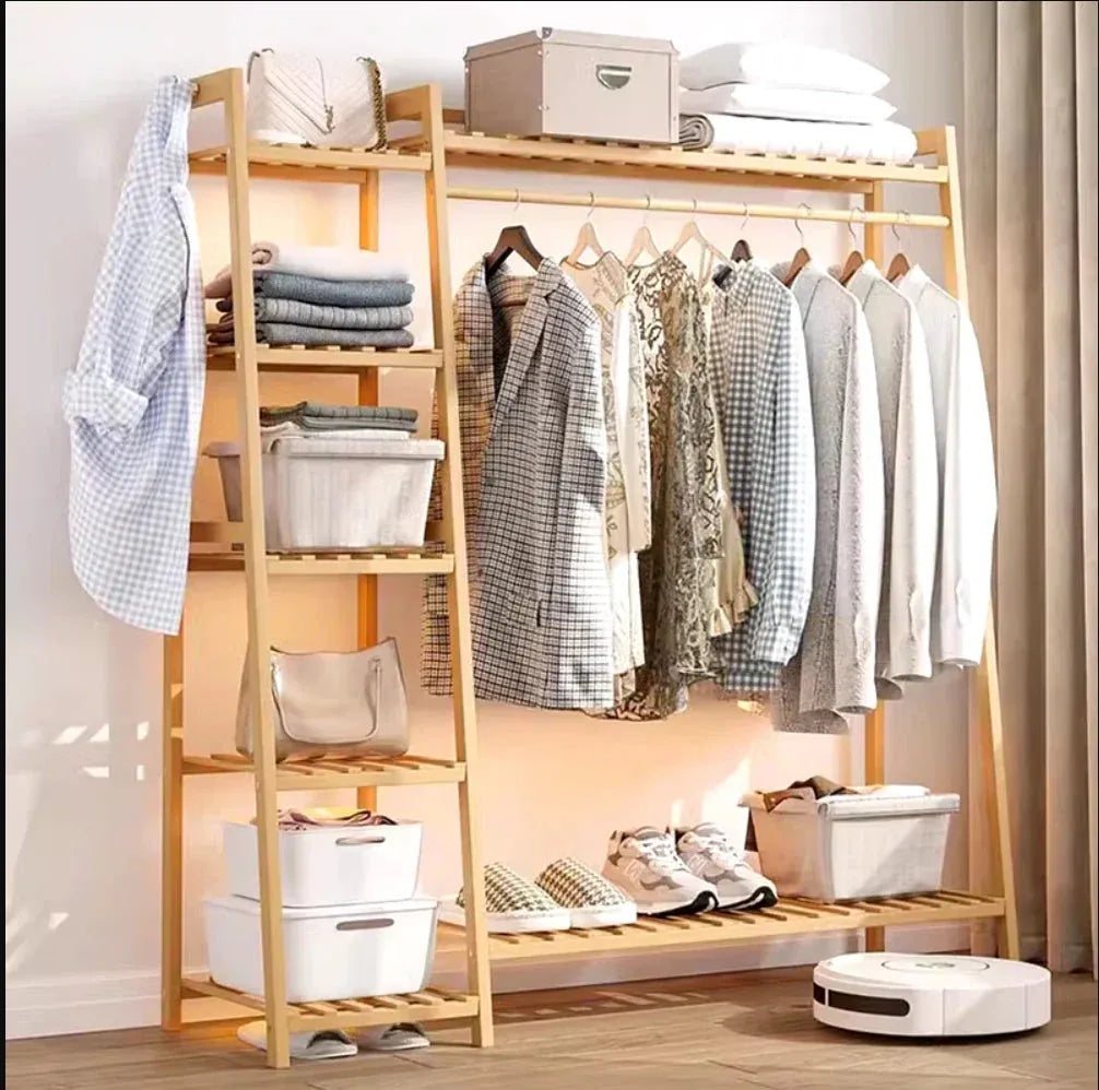 Multi Functional Bamboo Clothes Rack With Shelves And Hanging Space