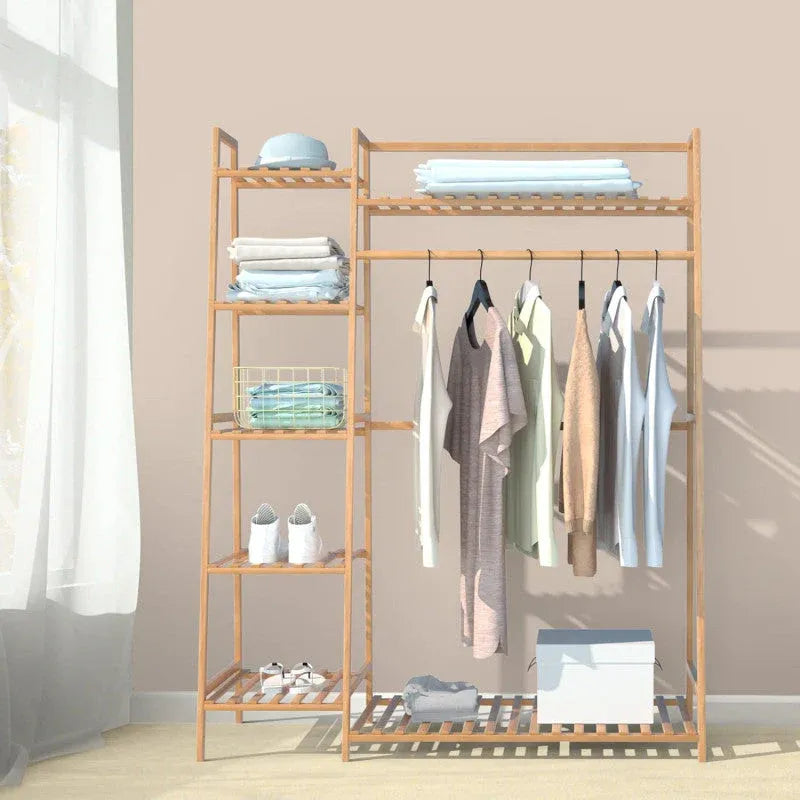 Multi Functional Bamboo Clothes Rack With Shelves And Hanging Space
