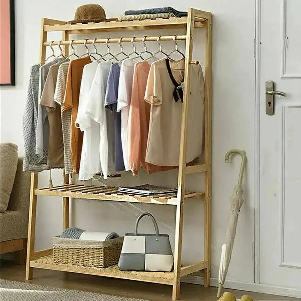 Multi Functional Bamboo Clothes Rack With Shelves And Hooks