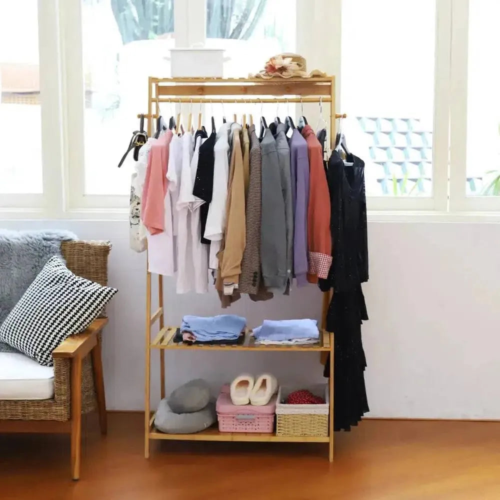 Multi Functional Bamboo Clothes Rack With Shelves And Hooks