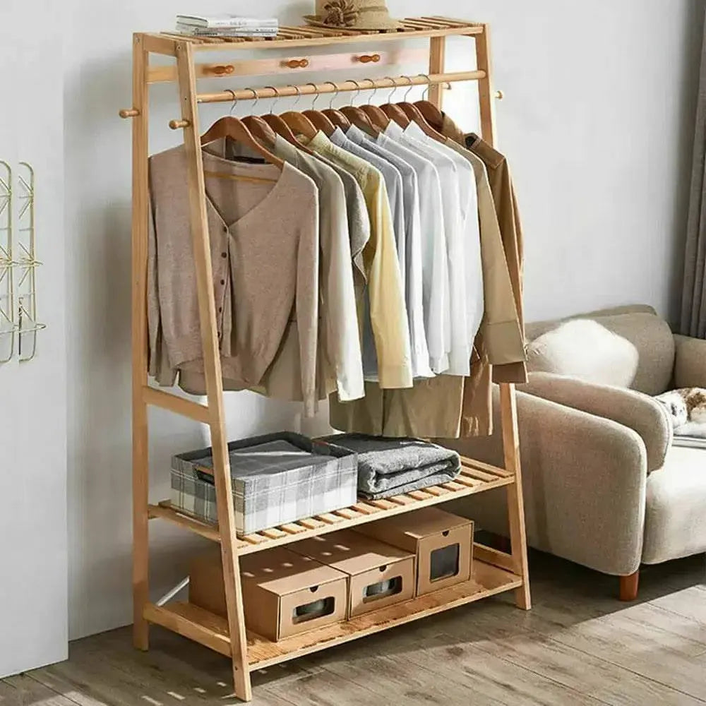 Multi Functional Bamboo Clothes Rack With Shelves And Hooks